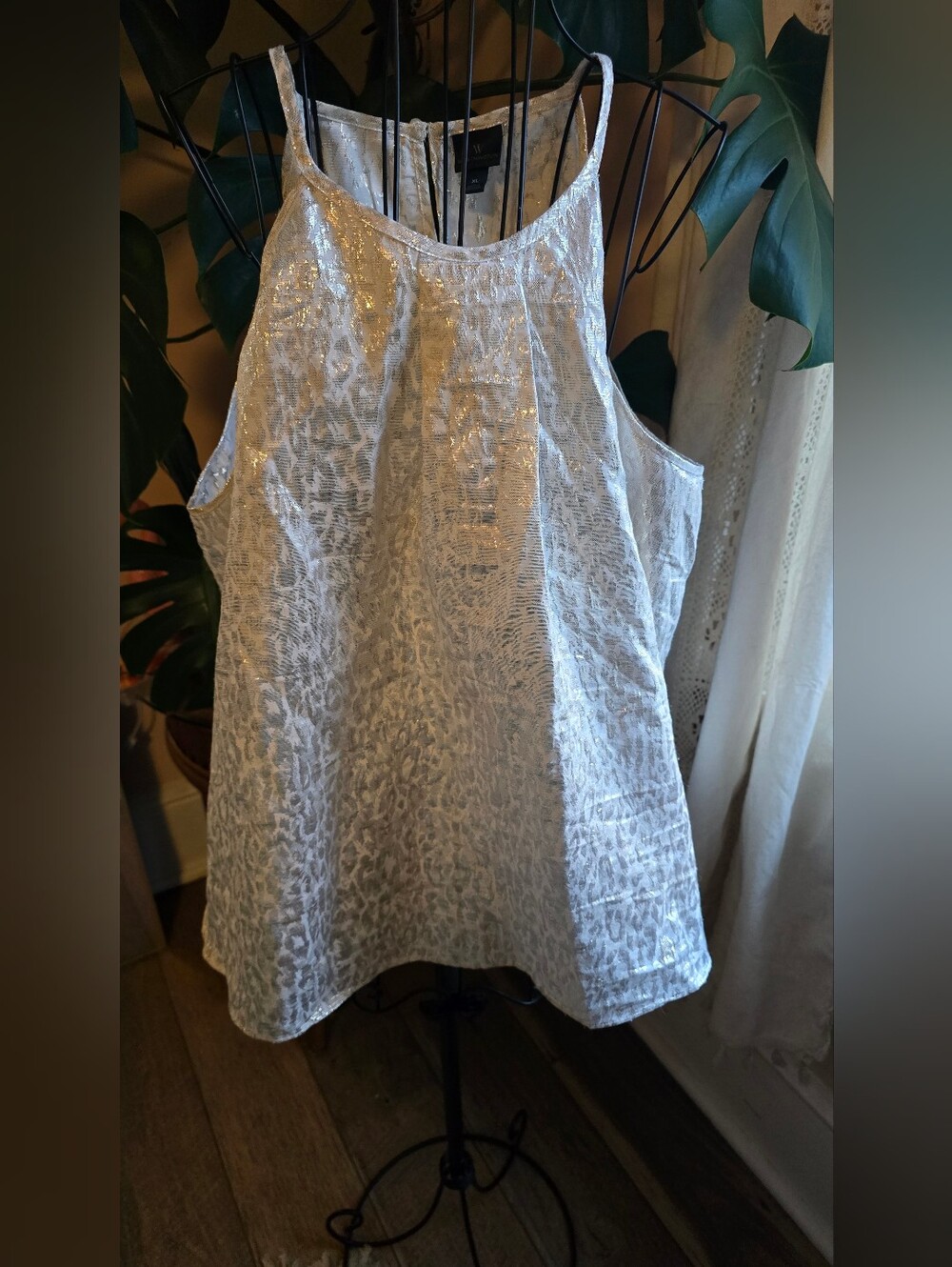 Worthington Silvery Gold Metallic Shimmer Halter Neck Sleeveless Blouse XL